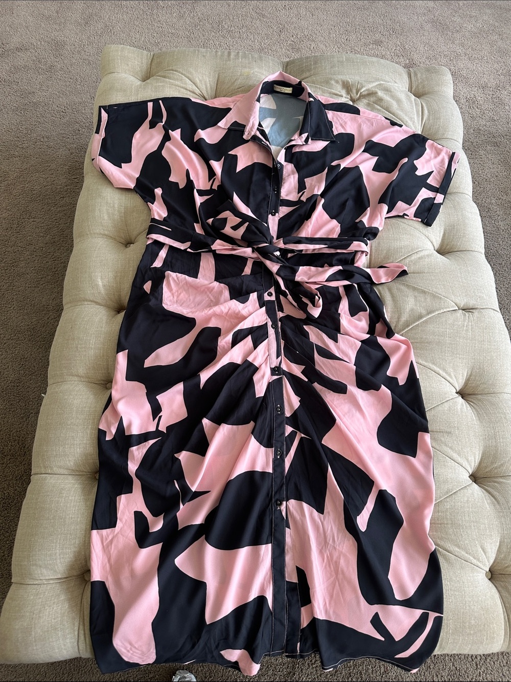 Wayward fancies Abstract Pink & Black Maxi Shirt Dress with Tie Waist